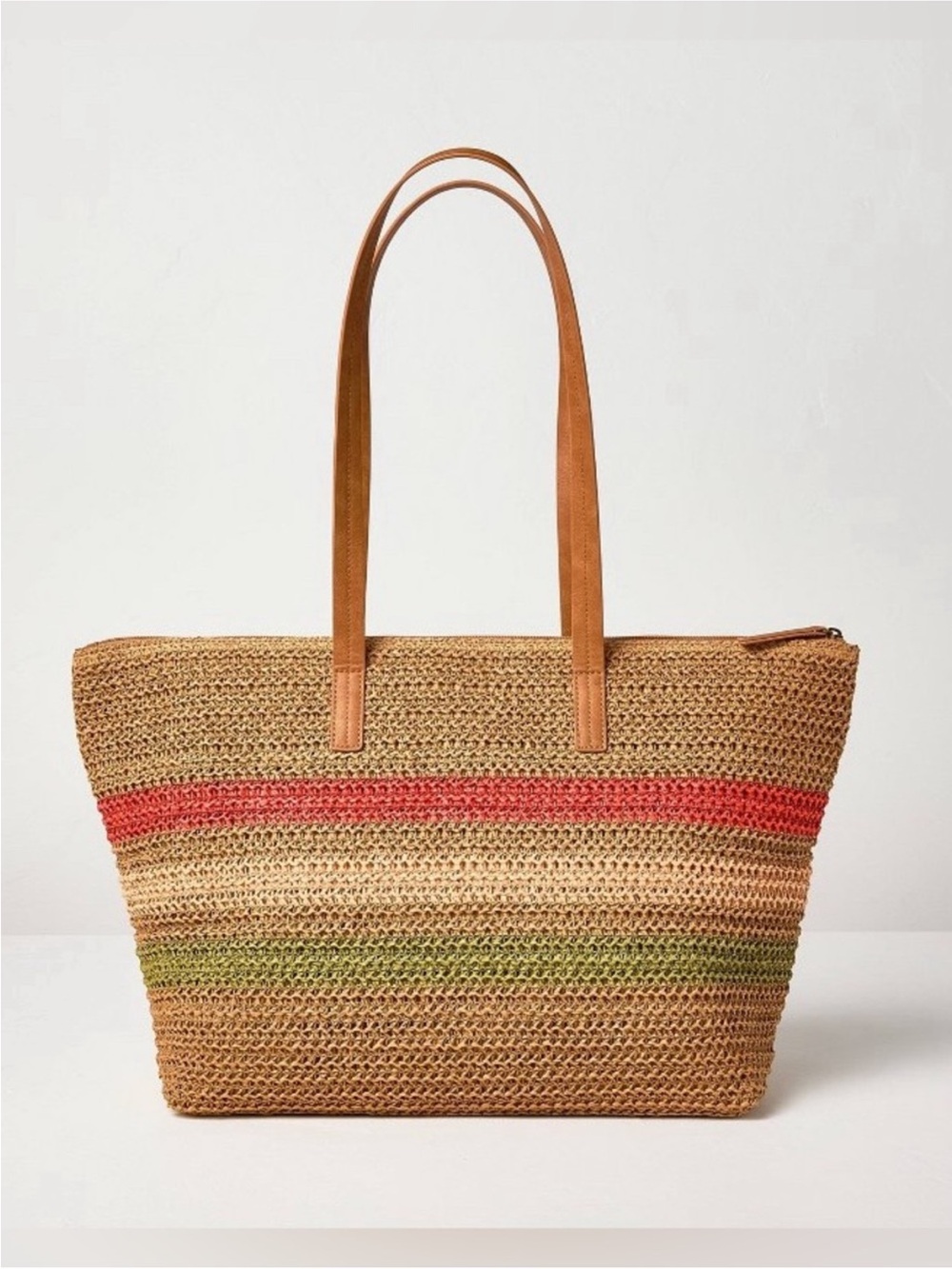 Hearth & Hand Woven Straw Tote with Red and Green Stripes